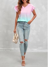 Pink V Neck Short Sleeve Ombre T Shirt