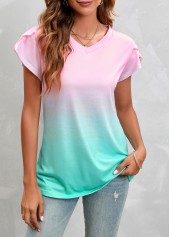 Pink V Neck Short Sleeve Ombre T Shirt
