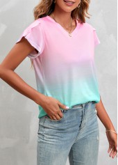 Pink V Neck Short Sleeve Ombre T Shirt