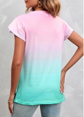 Pink V Neck Short Sleeve Ombre T Shirt
