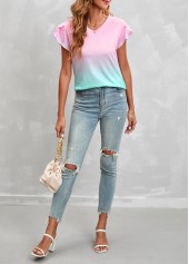 Pink V Neck Short Sleeve Ombre T Shirt