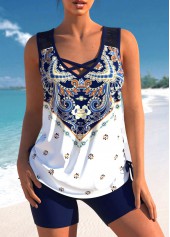 Navy Blue Tribal Print Cross Strap Tankini Set