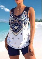 Navy Blue Tribal Print Cross Strap Tankini Set
