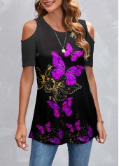 Purple Butterfly Print Cold Shoulder T Shirt
