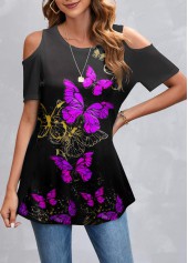 Purple Butterfly Print Cold Shoulder T Shirt