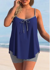 Striped Navy Blue Plus Size Bowknot Tankini Set