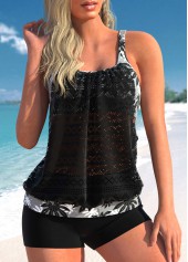Black Leaf Print Lace Stitching Tankini Set
