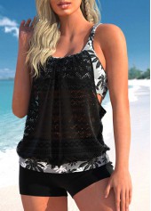 Black Leaf Print Lace Stitching Tankini Set