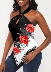 Halter Floral Print Black Asymmetric Hem Tank Top