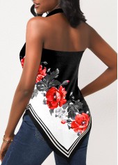 Halter Floral Print Black Asymmetric Hem Tank Top
