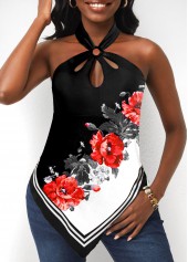 Halter Floral Print Black Asymmetric Hem Tank Top