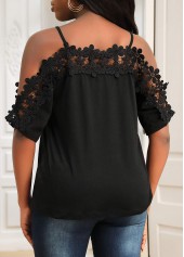 Black Lace Stitching Strappy Cold Shoulder T Shirt
