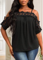 Black Lace Stitching Strappy Cold Shoulder T Shirt