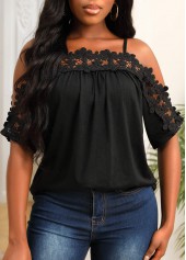 Black Lace Stitching Strappy Cold Shoulder T Shirt