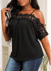 Black Lace Stitching Strappy Cold Shoulder T Shirt