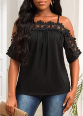 Black Lace Stitching Strappy Cold Shoulder T Shirt