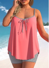 Coral Red Striped Plus Size Bowknot Tankini Set