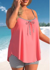 Coral Red Striped Plus Size Bowknot Tankini Set
