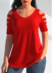 Cold Shoulder Red V Neck T Shirt