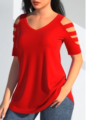 Cold Shoulder Red V Neck T Shirt