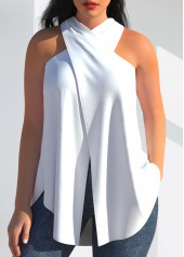 White Halter Cross Front Tank Top