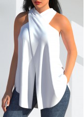 White Halter Cross Front Tank Top
