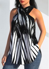 Black Cross Front Halter Striped Tank Top