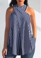 Cross Front Halter Navy Blue Striped Tank Top