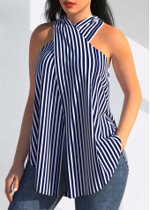 Cross Front Halter Navy Blue Striped Tank Top