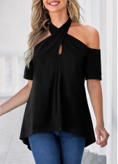 Black Cross Front Cold Shoulder T Shirt