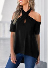 Black Cross Front Cold Shoulder T Shirt