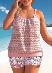 Lace Hollow Out Floral Print Light Pink Tankini Set