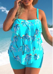 Cyan Plus Size Coconut Tree Print Tankini Set