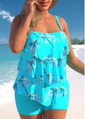 Cyan Plus Size Coconut Tree Print Tankini Set
