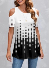 White Cold Shoulder Geometric Print T Shirt