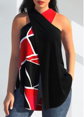 Halter Geometric Print Black Cross Tank Top