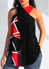 Halter Geometric Print Black Cross Tank Top