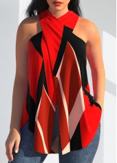 Geometric Print Cross Halter Red Tank Top