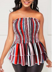 Smocked Layered Ruffle Hem Striped Tank Top