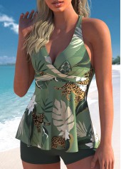 Sage Green Tropical Print Cross Front Tankini Set