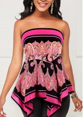Asymmetric Hem Hot Pink Paisley Print Tank Top
