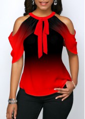 Cold Shoulder Ombre Red Halter Blouse