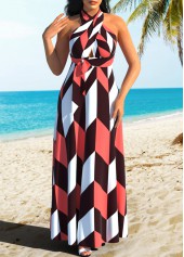 Cross Halter Geometric Print Sleeveless Multi Color Dress