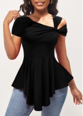 Cold Shoulder Asymmetrical Neck Short Sleeve Black T Shirt