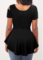 Cold Shoulder Asymmetrical Neck Short Sleeve Black T Shirt