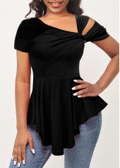 Cold Shoulder Asymmetrical Neck Short Sleeve Black T Shirt