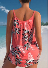 Leaf Print Bowknot Coral Red Tankini Top-No Bottom