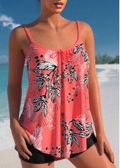 Leaf Print Bowknot Coral Red Tankini Top-No Bottom