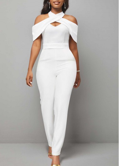 Rosewe White cold shoulder skinny cocktail party jumpsuit White Cold Shoulder Short Sleeve Jumpsuit - M