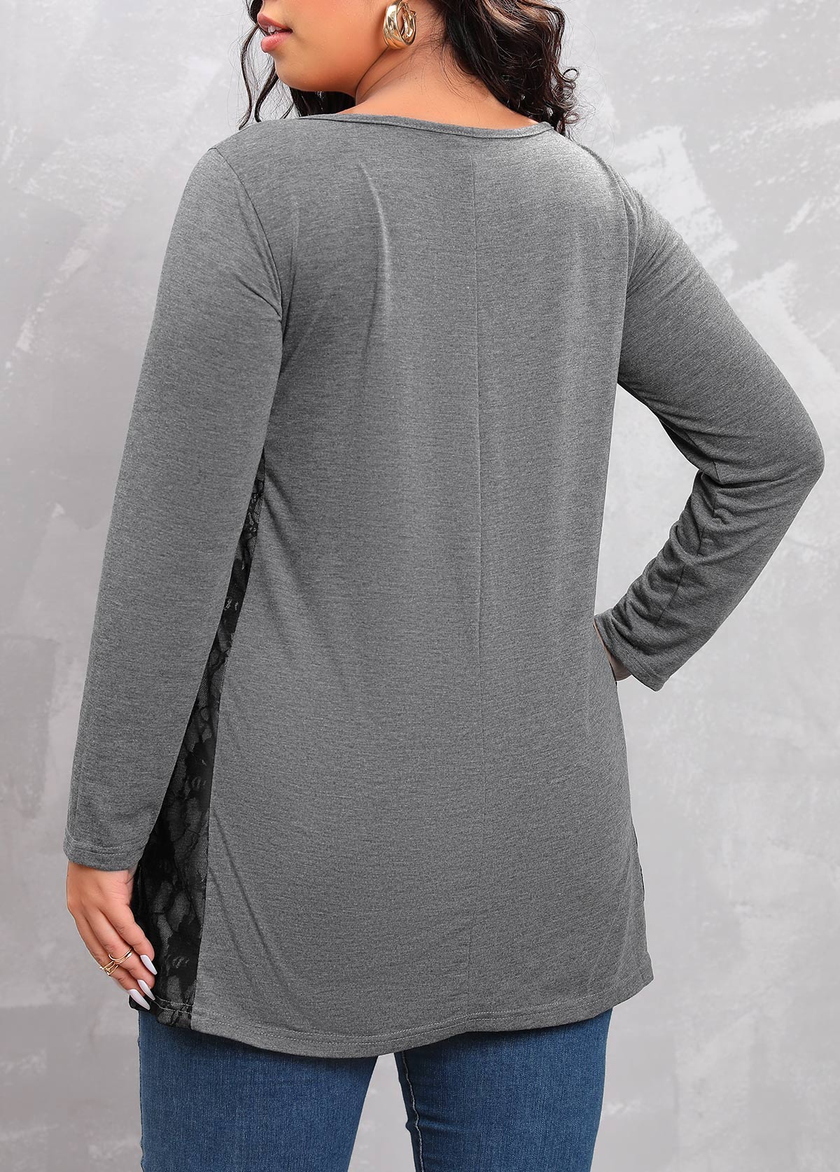Grey Plus Size Lace Stitching T Shirt